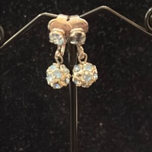 Vintage white Blue Rhinestone Dangle Clip Earrings